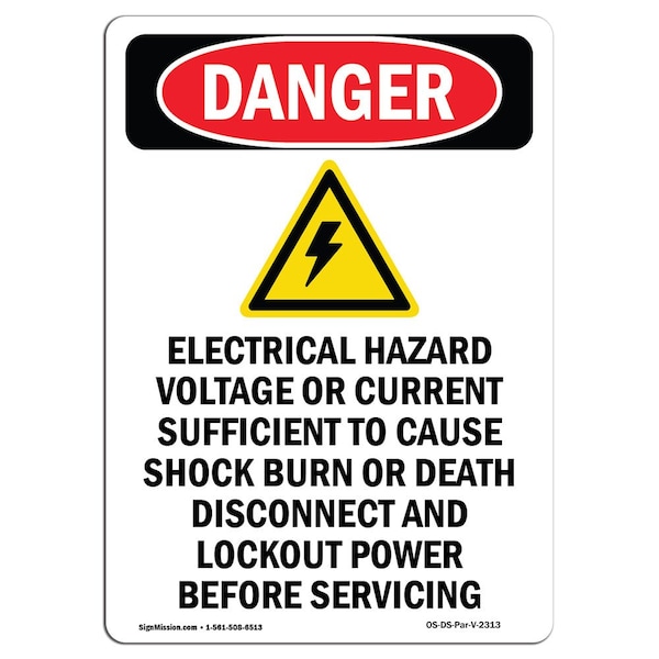 Safety Sign, OSHA Danger, 5" Height, Electrical Hazard, Portrait, 10PK
